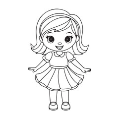 Cute Little Girl in Dress Line Drawing &ndash; Black and White Cartoon Illustration for Coloring Pages