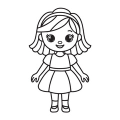 Fototapeta premium Cute Little Girl in Dress Line Drawing – Black and White Cartoon Illustration for Coloring Pages