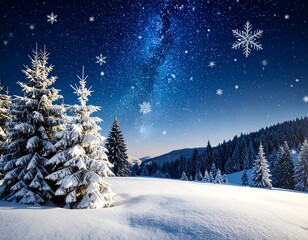 Snowy winter landscape under a starry night sky