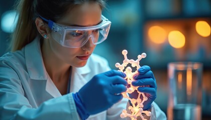 Female scientist works with molecular structure model. Wears safety goggles gloves in lab, researches science, innovation. Study, experiments, biotechnology, chemical, biology, research, discovery,