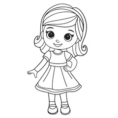 Cute Little Girl in Dress Line Drawing &ndash; Black and White Cartoon Illustration for Coloring Pages