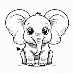 Fototapeta premium Cute black and white line drawing of a baby elephant. Large, rounded ears, wide-eyed, sitting pose. Simple, stylized features