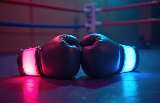 Neon boxing gloves in the ring with neon color, banner for competition. Fight night advertisement. Boxing sport concept, training or championship. Power and protection, fitness or knockout symbol.
