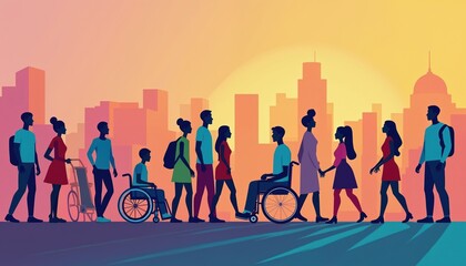 Illustration International Day Persons Disabilities. People with diverse abilities silhouettes walk. Represents inclusion, support, awareness society. Equality, human rights, community. Urban