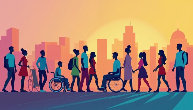 Illustration International Day Persons Disabilities. People with diverse abilities silhouettes walk. Represents inclusion, support, awareness society. Equality, human rights, community. Urban - Powered by Adobe