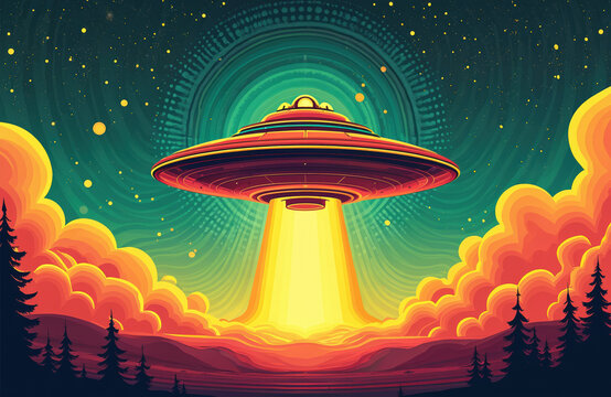 Retro illustration of flying saucer over earth. Extraterrestrial spacecraft in night sky. Sci-fi artwork in style of 1960s 1970s poster art. Colorful graphic design with vibrant futuristic design.