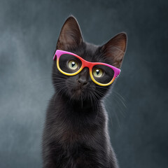 Black cat wearing colorful glasses looking curious on dark background.