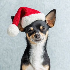 Cute chihuahua wearing red Santa hat posing on light backgroundю