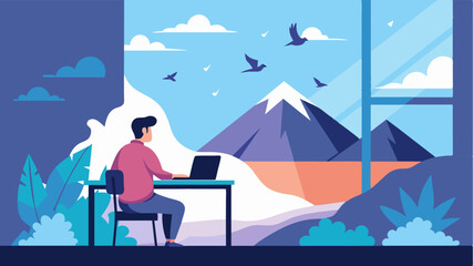 Fototapeta premium The gentle hum of birdsong as I sit at my desk working on my laptop with the cool mountain breeze blowing through the open windows.. Vector illustration