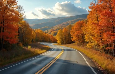 Naklejka premium Winding country road through vibrant autumn forest in West Virginia. Asphalt curves, foliage colors create scenic drive for road trip, travel. Fall season, yellow, orange hues. Mountain landscape,