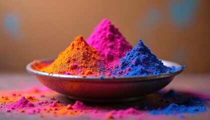 Vibrant holi powder piles stacked in plate, colorful pink orange blue display. Symbolic of joy, colors fun, cheerful, ethnic heritage. Indian artistic texture tradition of celebration. Bright festive