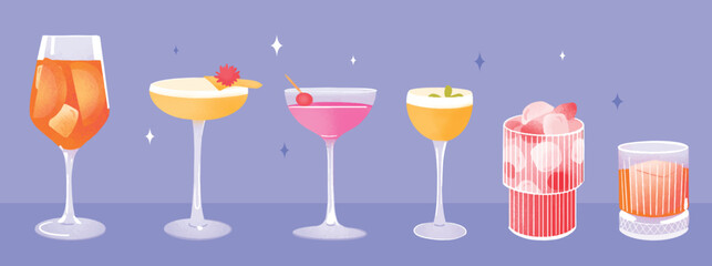 Colorful collection of cocktails in different glasses on a purple background. Modern flat illustration of alcoholic drinks with ice, fruit garnishes, and decorations. Party and bar concept