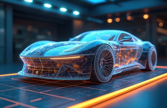 Futuristic car design wireframe display. Modern tech automotive innovation in showroom. Glowing luxury electric vehicle. Cutting edge high technology presentation. Digital sleek blueprint.