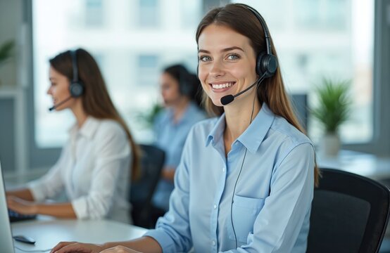 Smiling young woman call center operator with headset. Portrait of female assistant in office environment. Customer service, online support and telemarketing concept.