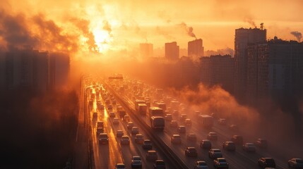 smoke air pollution from vehicle on highway at big skyline city. environment concept picture.
