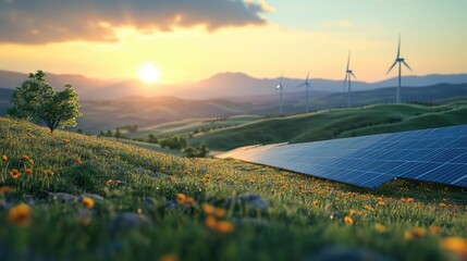 renewable or green power technology for better environment with solar panels and wind turbines at agriculture farm.