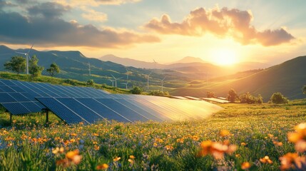 renewable or green power technology for better environment with solar panels and wind turbines at agriculture farm.