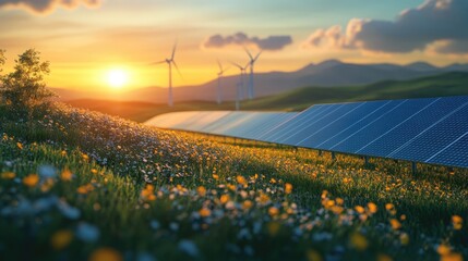 renewable or green power technology for better environment with solar panels and wind turbines at agriculture farm.