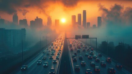 smoke air pollution from vehicle on highway at big skyline city. environment concept picture.   