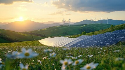 renewable or green power technology for better environment with solar panels and wind turbines at agriculture farm.