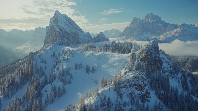 Snowy mountain range aerial view at sunrise.