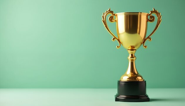 Golden trophy on green background symbolizes achievement award success. Winner cup trophy stands in studio. Symbol of victory competition. Copy space for text.