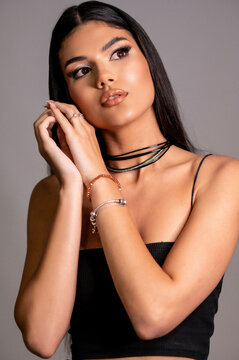 Beautiful teen young woman portrait in studio with perfect natural skin and make up