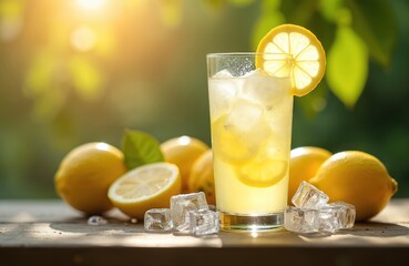 Refreshing glass lemonade with ice cubes and lemon slice. Summer beverage on wooden table with lemons, green leaves. Cold drink for hot day, refreshing cocktail. Natural ingredients, vitamin C drink.