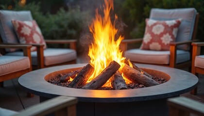 Warm fire pit, cozy seating. Flames light up outdoor gathering space. Burning logs, comfortable chairs create relaxing atmosphere. People gather, socialize around fire pit at night.