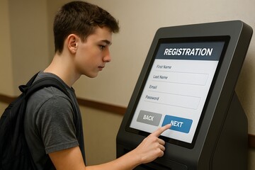 A young man focused on interacting with a digital registration kiosk, possibly for enrollment or information input