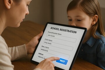 A mother guiding her child through the school registration process on a tablet