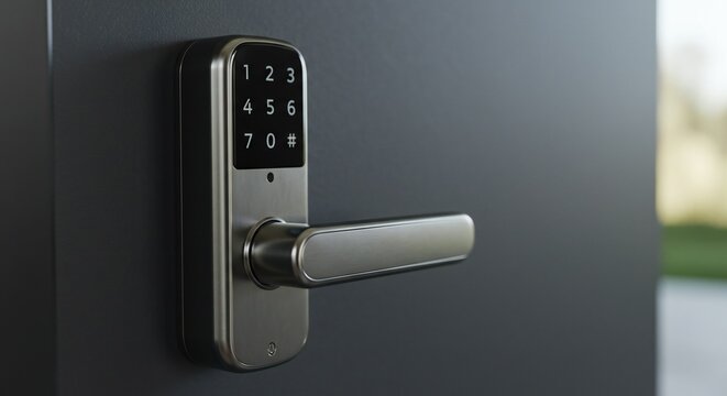 Close-up of a sleek digital door lock with numeric keypad, modern handle, and dark matte door. Emphasizes security and contemporary design. - Powered by Adobe