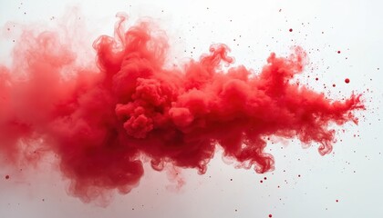 Red fog cloud on white background. Abstract smoke effect with splash, mist, explosion of red color particles. Dynamic and artistic design for advertising, tech, or cosmetics products.