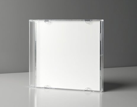Blank CD box mockup on white surface with shadow. Empty plastic case for music album, movie, software presentation. Minimalist modern design for branding, product promotion, business design.