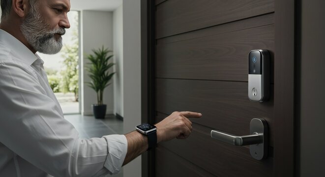A middle-aged man with a beard and a smartwatch interacts with a modern electronic door lock at a stylish wooden door, bright natural light filtering in, emphasizing technology and design.