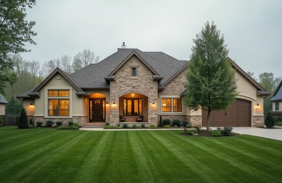 Luxurious large house with manicured green lawn. Modern architecture with stone facade, stylish design. Elegant home exterior with landscaped yard, garage, windows. Perfect for real estate, property,