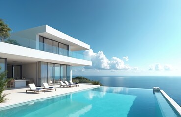 Fototapeta premium Modern luxury villa with swimming pool, sea view. Minimalist white house exterior, designer architecture, glass windows. Residential property located at tropical seaside. Ideal for real estate,