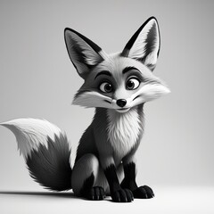Black and white cartoon fox.  Cute, stylized animal portrait, digitally rendered, seated pose,  soft fur, large eyes, whimsical expression
