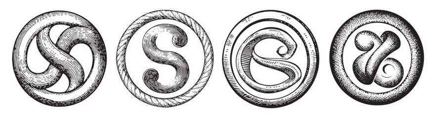 Fototapeta premium Vintage Engravings of Decorative Circular Snake Designs in Various Styles, vintage retro hipster logo design, vector illustration, engraving design