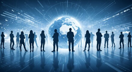 Silhouetted figures in a united stance before a luminous globe, set against a futuristic blue abstract background with digital motifs. Focus on symmetry and depth.