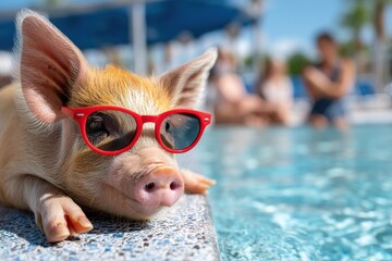 A playful pig lounges at the edge of a sparkling pool, sporting bright red sunglasses. In the background, people enjoy a sunny day and socialize, creating a fun atmosphere at the resort.