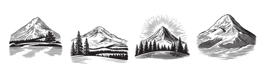 Vintage Mountain Illustrations in Black and White for Design Use, vintage retro hipster logo design, vector illustration, engraving design