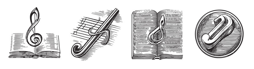 Vintage Music Symbols with Treble Clef, Notes, and Sheet Music Design, vintage retro hipster logo design, vector illustration, engraving design