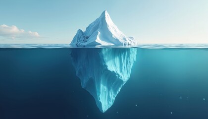 Iceberg illustration. Visible tip represents profit hidden costs below waterline. Metaphor for business risks, unseen challenges, financial planning. Visual concept for investment, market analysis,