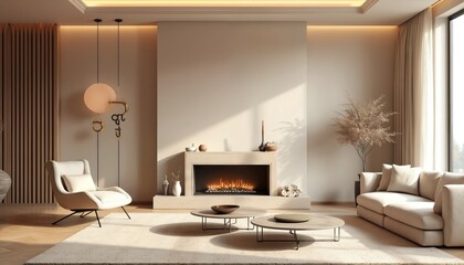 Elegant living room interior design. Fireplace, modern sofa with pillows. Contemporary interior concept with armchair, coffee tables, carpet. Architectural stylish design. Home decor, chill out.