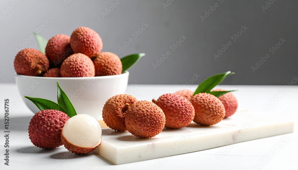 Aufkleber fresh lychee fruits displayed in a bowl and arranged on a cutting board with green leaves