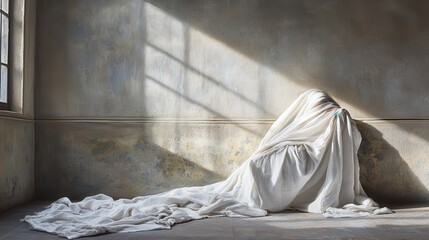 A figure shrouded in white fabric within a sunlit, aged room.
