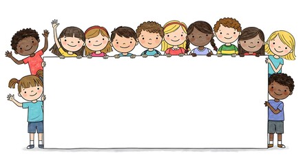 Cartoon diverse children holding blank banner vector illustration for kids education and advertising 100