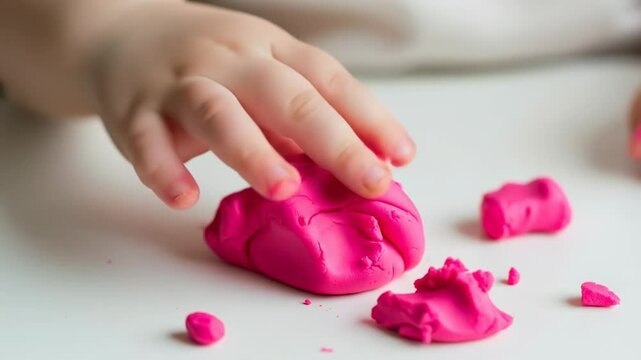 Baby squishing playdough &ndash; early childhood development video footage.
