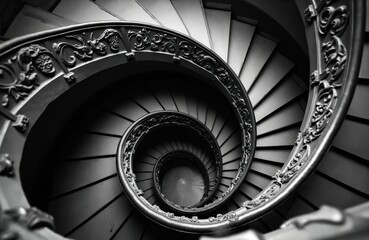 Plakat Vintage spiral staircase with intricate details. Architectural design with carved, decorative elements, circular shape leads upwards. Classic building interior, black, white, monochrome, abstract